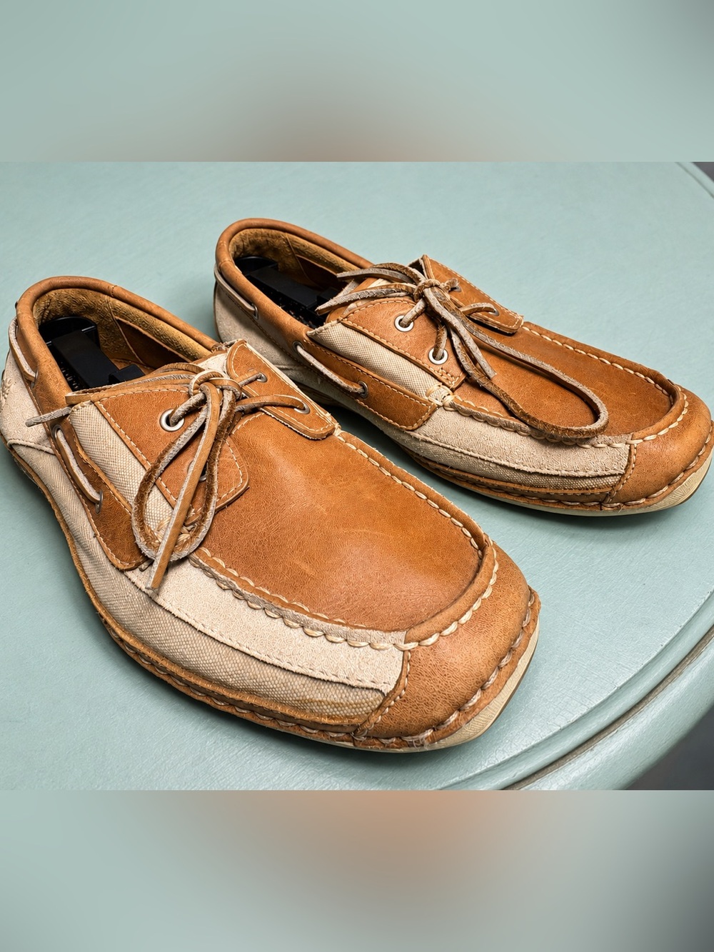 Timberland Boat Shoes Men 9.5M Brown Leather Canvas Casual Deck Moc Loafers